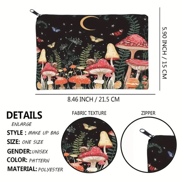 Cosmetic Bag Makeup Mushrooms Moon Butterfly Pouch Travel Storage Wonderland NEW - Picture 3 of 3